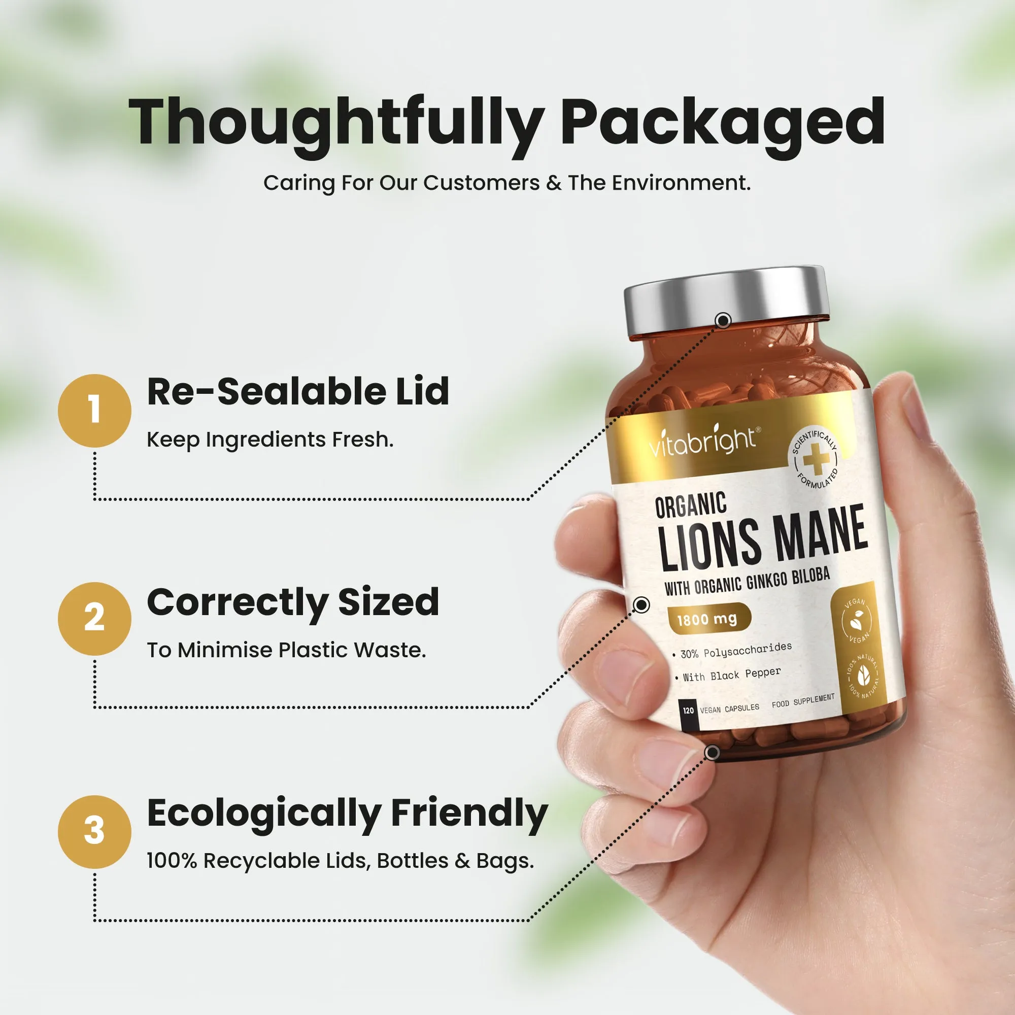 Organic Lion's Mane Capsules With Ginkgo Biloba and Black Pepper