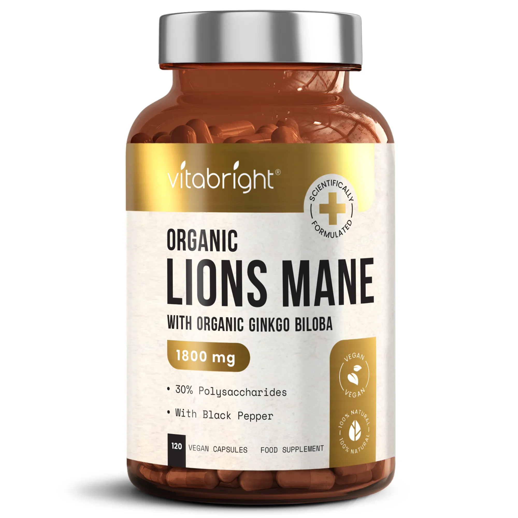 Organic Lion's Mane Capsules With Ginkgo Biloba and Black Pepper