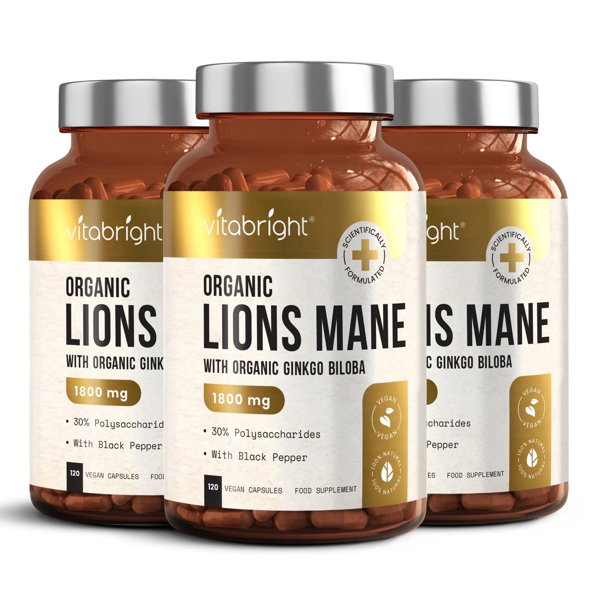 Organic Lion's Mane Capsules With Ginkgo Biloba and Black Pepper