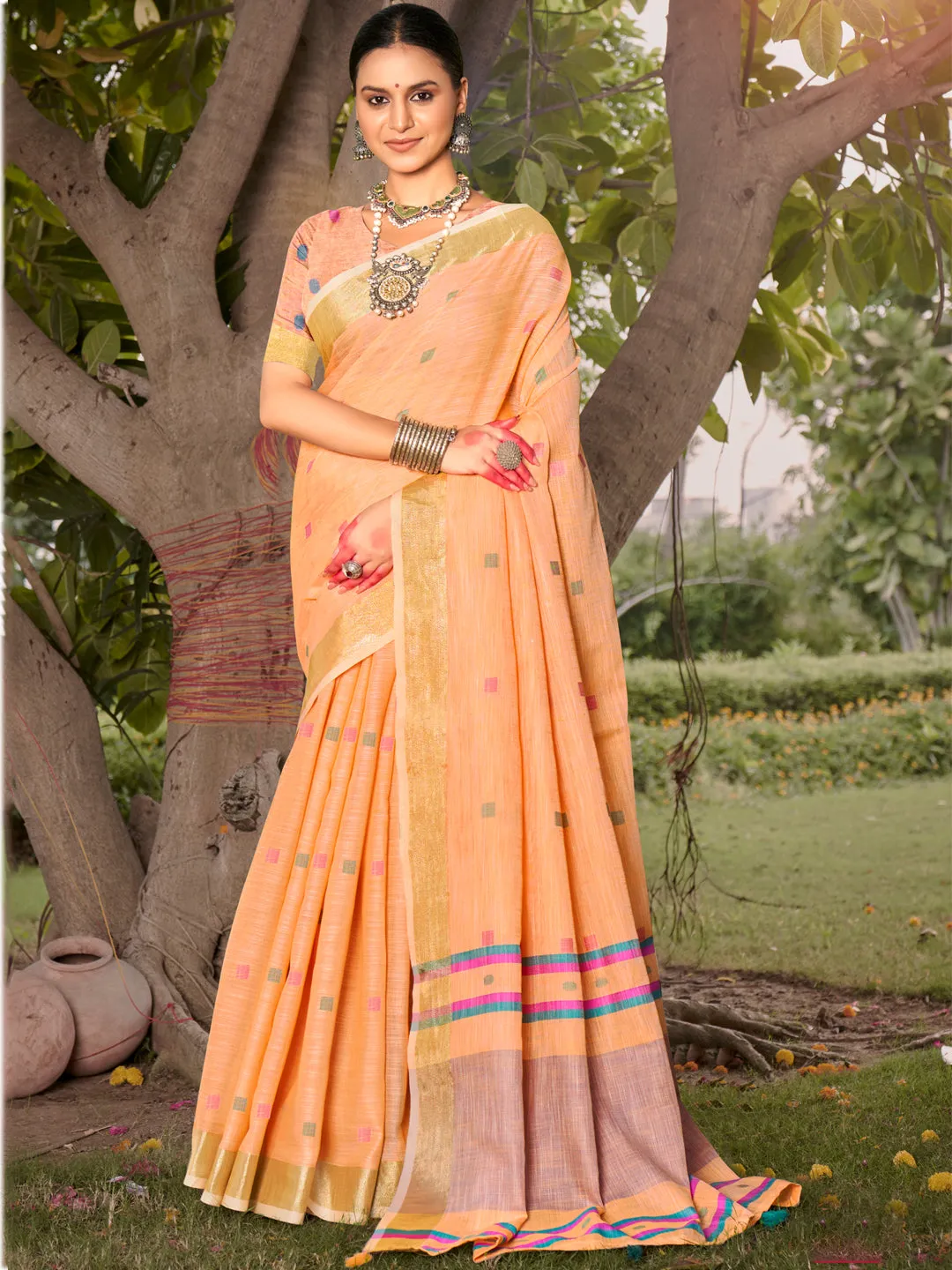 Peach Cotton Woven Work Party Wear Saree - Sangam Prints