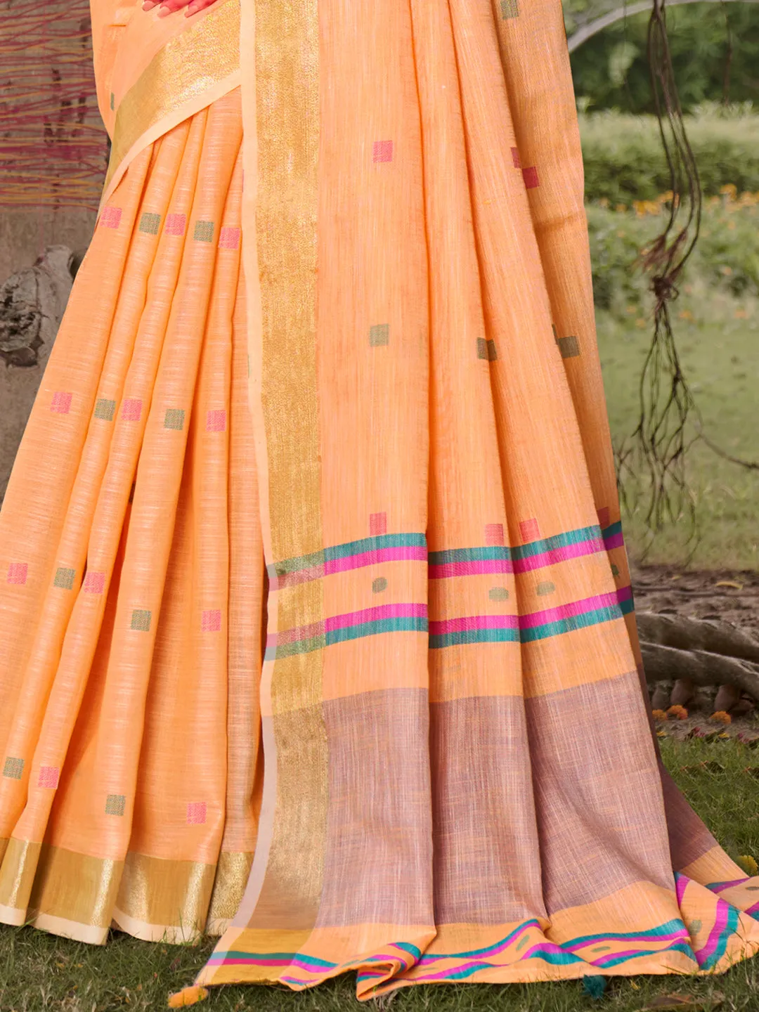 Peach Cotton Woven Work Party Wear Saree - Sangam Prints