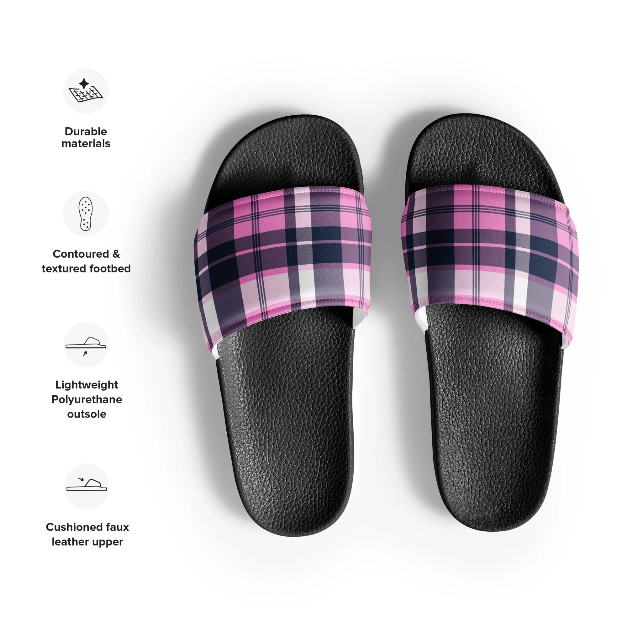 Pink and Navy Blue Preppy Surfer Plaid Men’s Slides Sandals