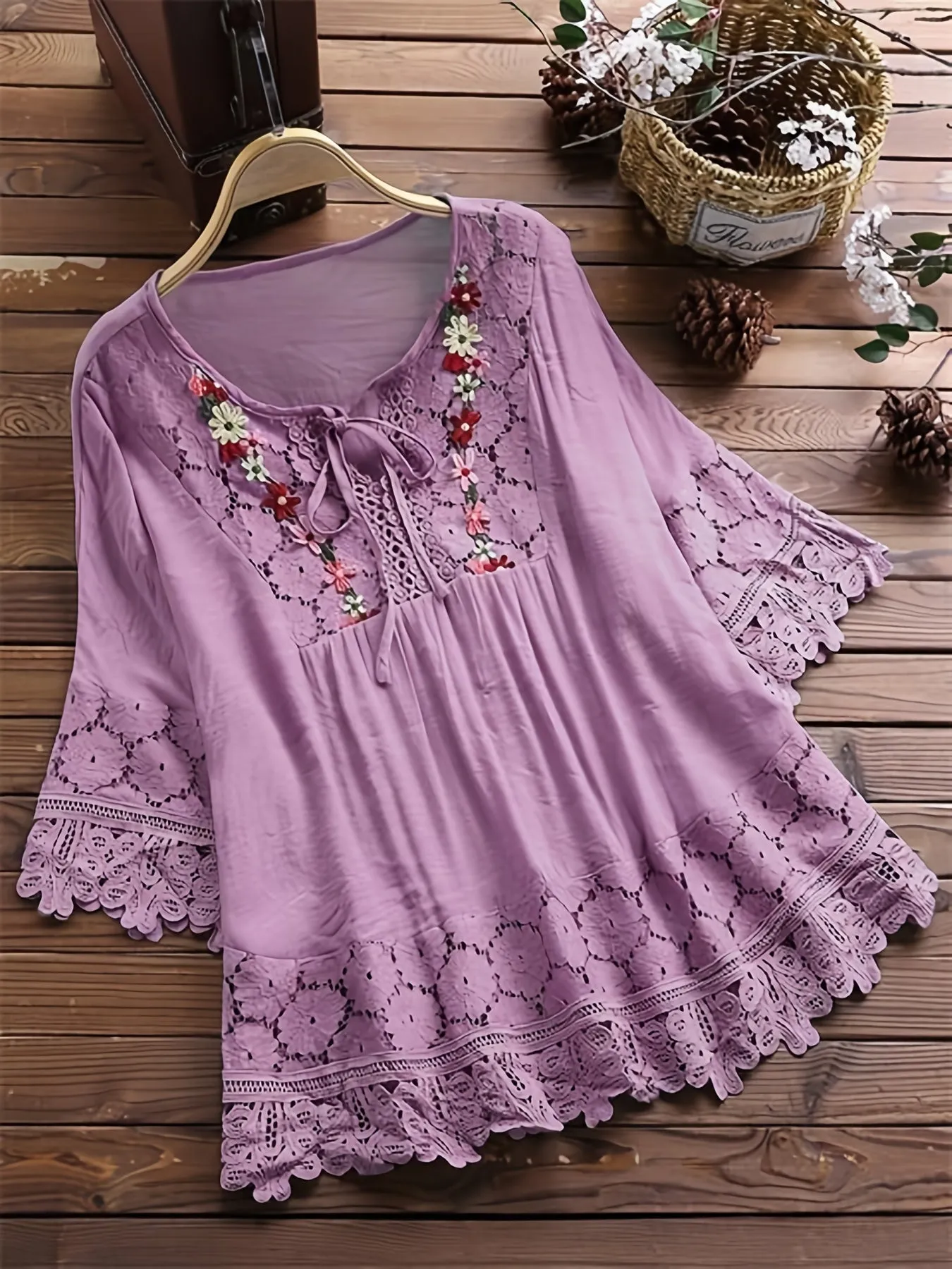 Plus Size Chic Blouse with Luxurious Floral Appliques - Dramatic Contrast Guipure Lace Tie Neck Top for Women