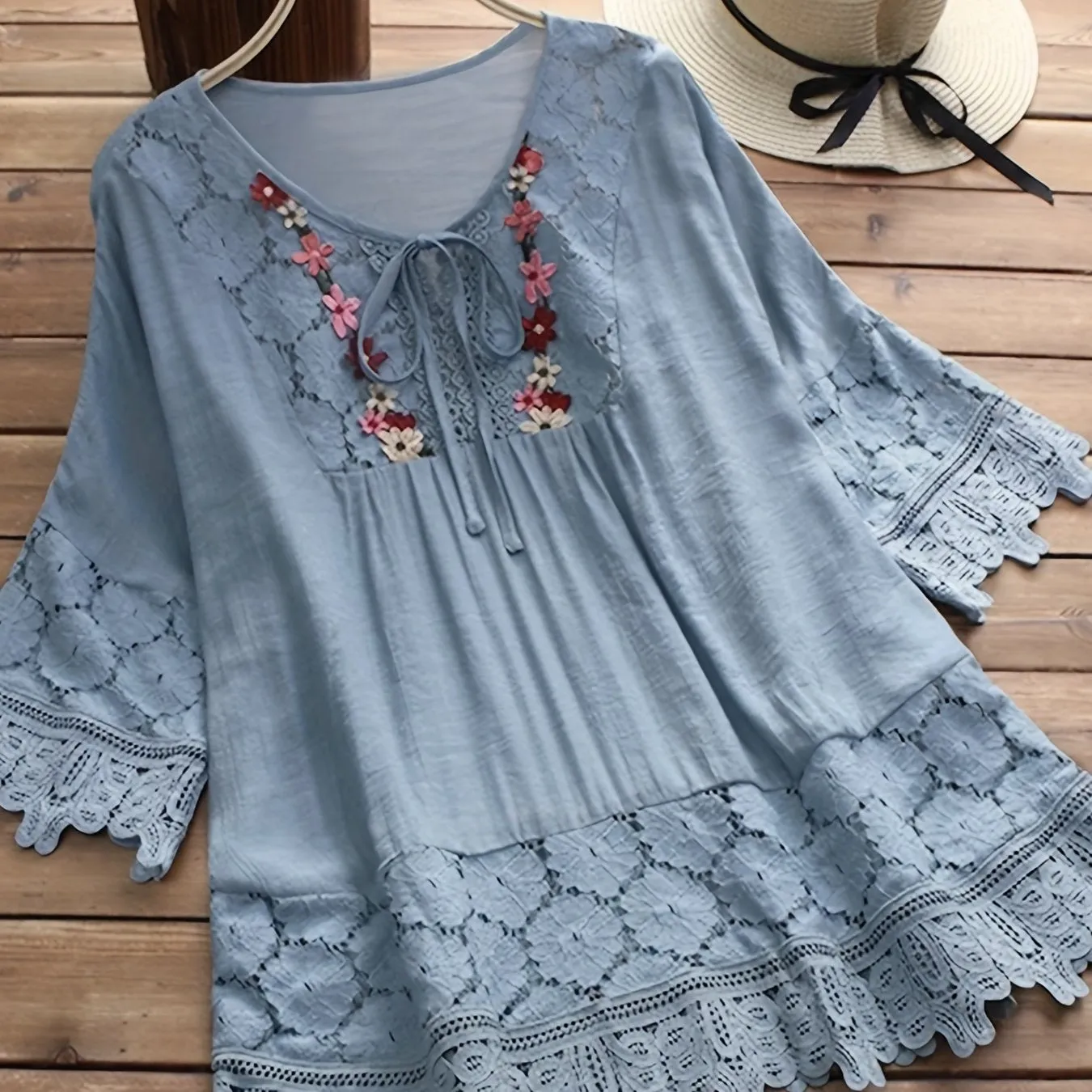 Plus Size Chic Blouse with Luxurious Floral Appliques - Dramatic Contrast Guipure Lace Tie Neck Top for Women