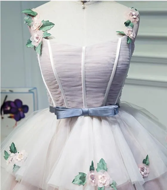 Puffy Straps Tulle Homecoming Dress with Flowers, Princess Graduation Dress with Belt UQ1973