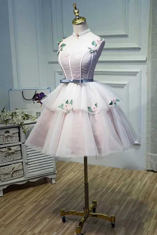 Puffy Straps Tulle Homecoming Dress with Flowers, Princess Graduation Dress with Belt UQ1973