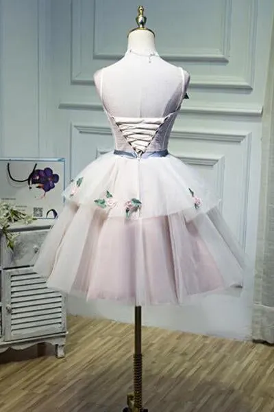 Puffy Straps Tulle Homecoming Dress with Flowers, Princess Graduation Dress with Belt UQ1973