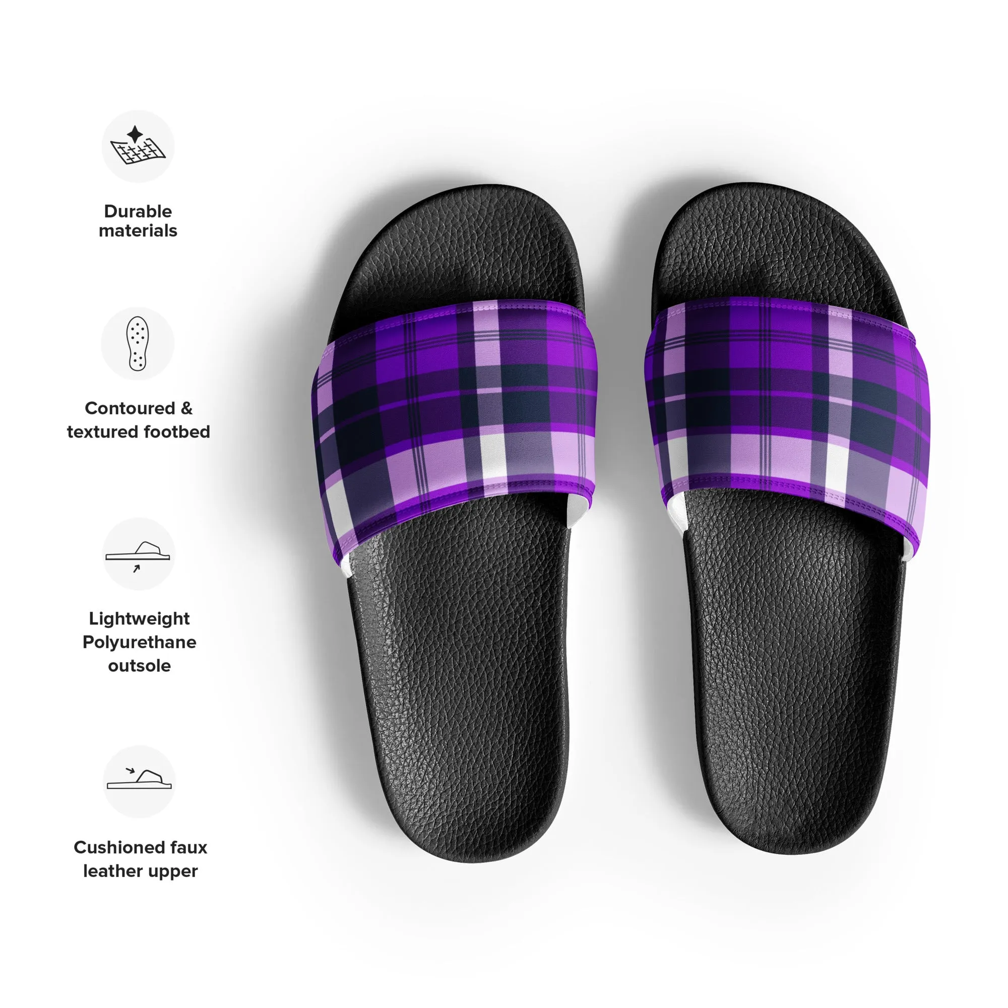 Purple and Navy Blue Preppy Surfer Plaid Men’s Slides Sandals