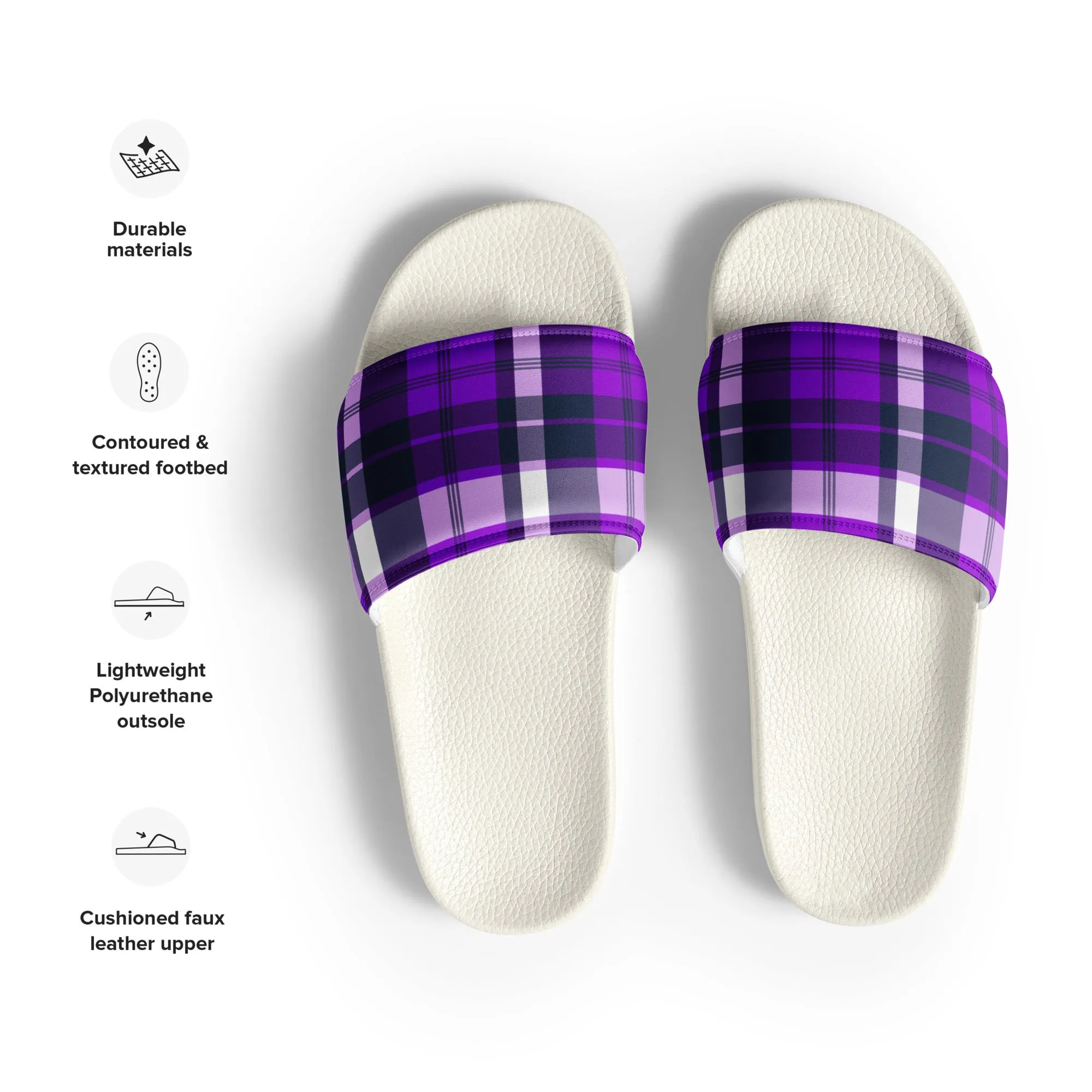 Purple and Navy Blue Preppy Surfer Plaid Men’s Slides Sandals