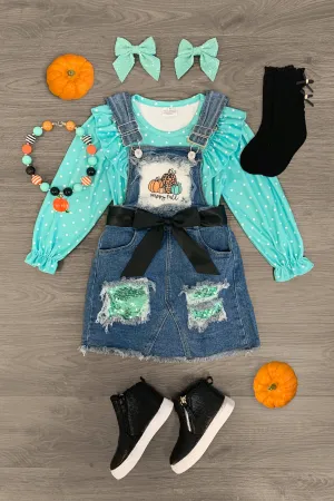 "Happy Fall" Mint Denim Overall Dress Set