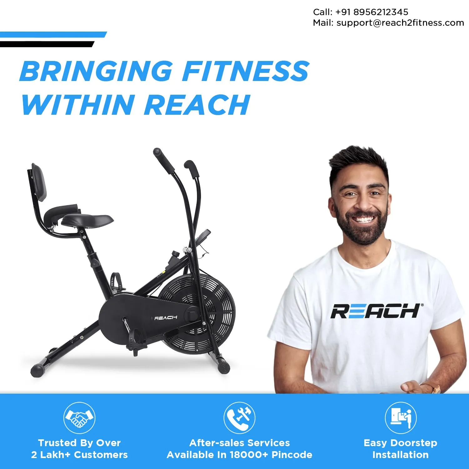 Reach AB 110 BH Upright Exercise Bike with Back Support & Seat Handle | Adjustable Resistance, Cushioned Seat with Moving/ Stationary Handles | Max User Weight 110 Kg | Fitness Cycle for Home Workout