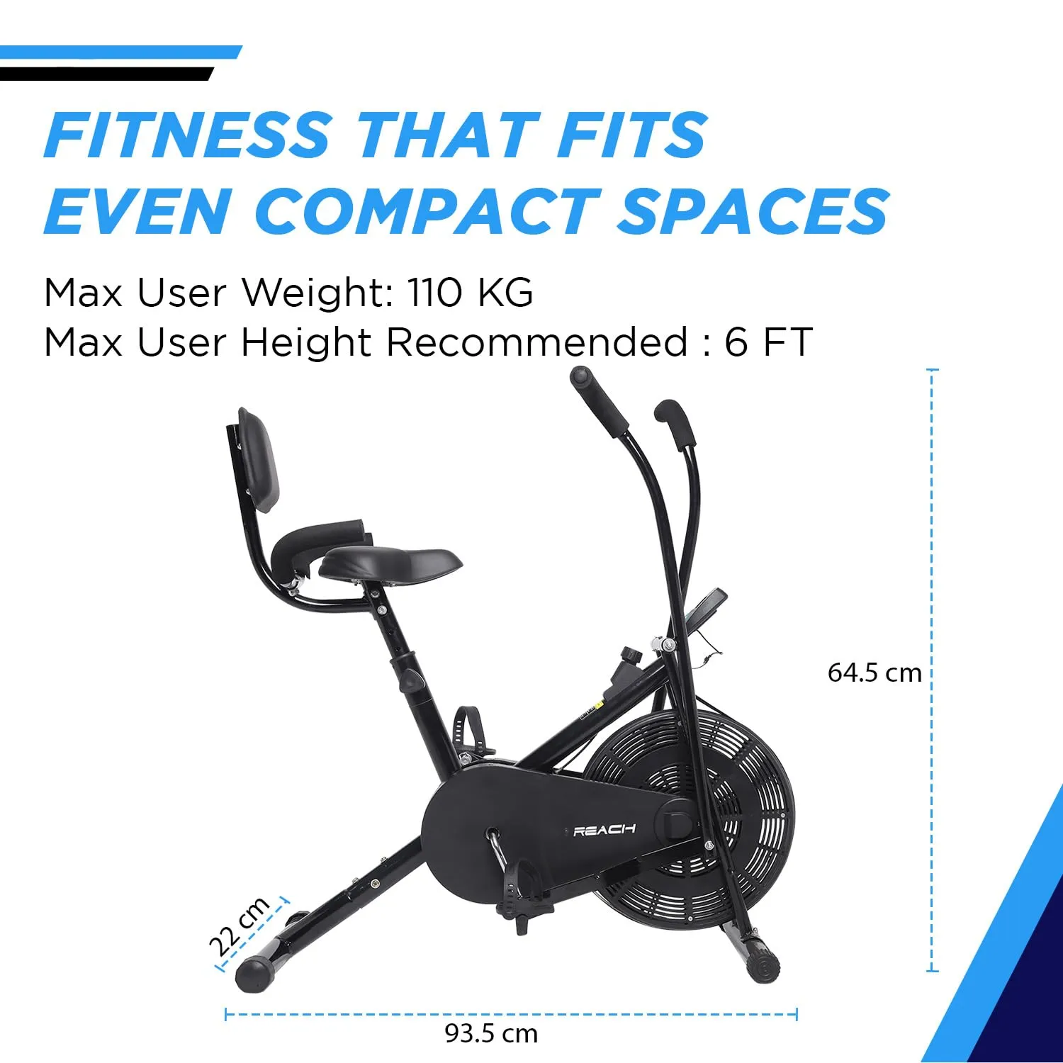 Reach AB 110 BH Upright Exercise Bike with Back Support & Seat Handle | Adjustable Resistance, Cushioned Seat with Moving/ Stationary Handles | Max User Weight 110 Kg | Fitness Cycle for Home Workout