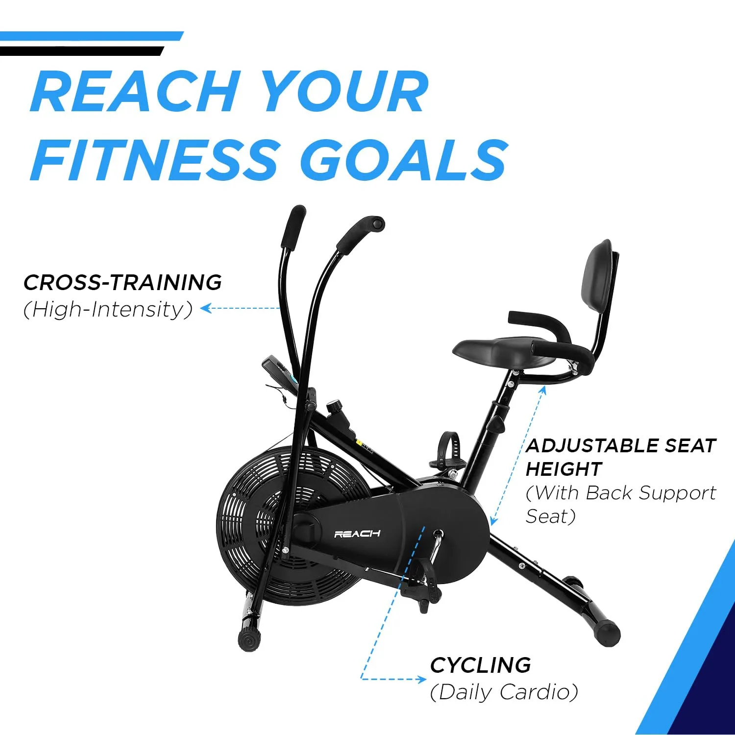 Reach AB 110 BH Upright Exercise Bike with Back Support & Seat Handle | Adjustable Resistance, Cushioned Seat with Moving/ Stationary Handles | Max User Weight 110 Kg | Fitness Cycle for Home Workout