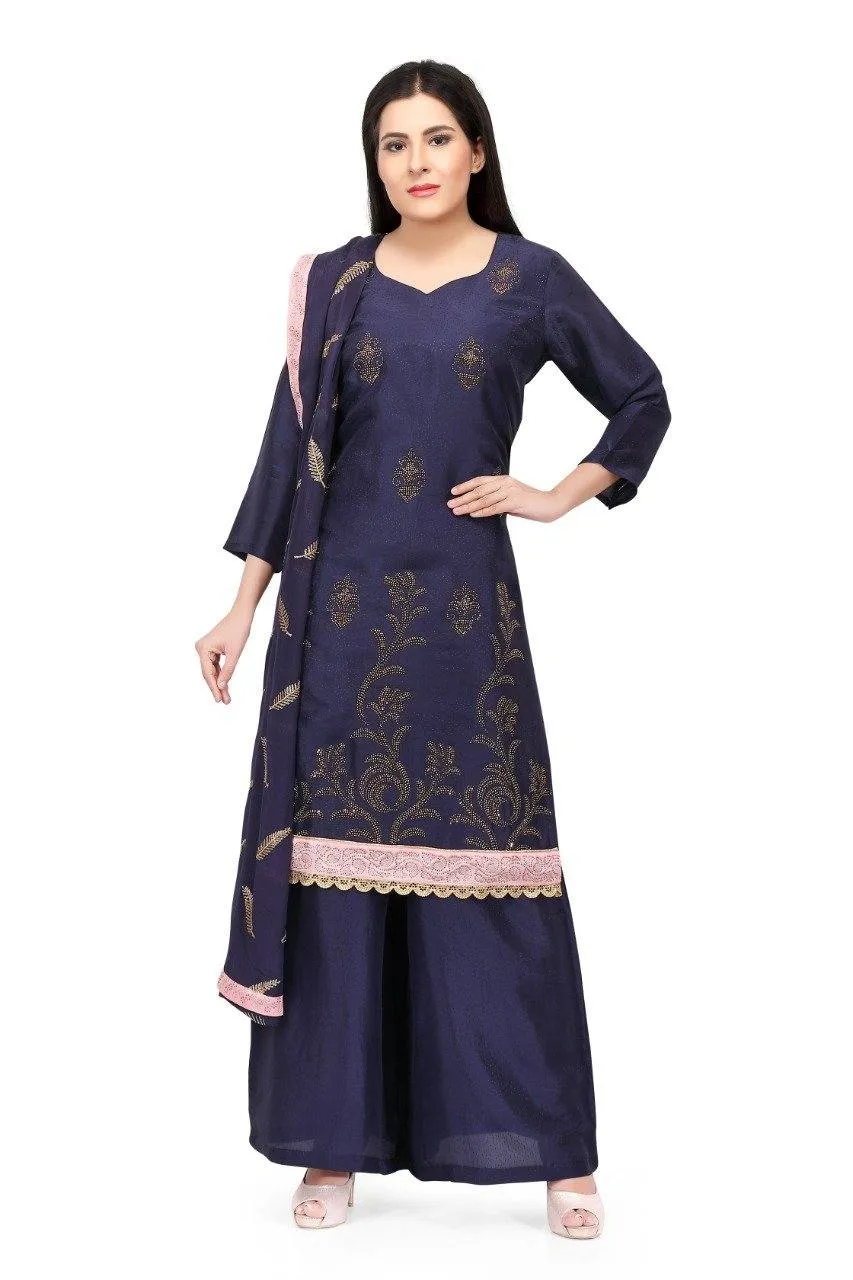 Ready Made Navy Blue Silk Hand Embroidered Suit