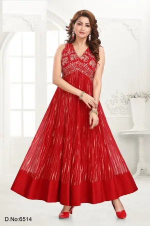 Red Anarkali Kurti with Gold Print and Embroidery