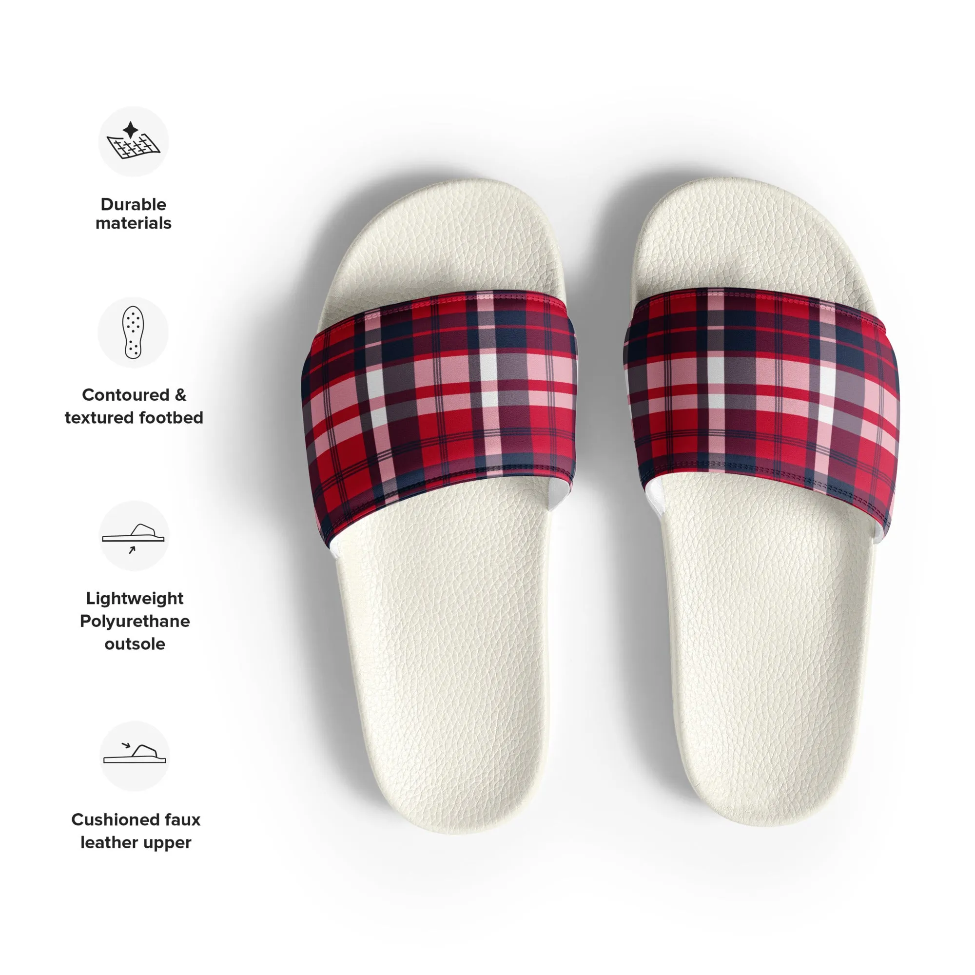 Red, White and Blue Preppy Surfer Plaid Men’s Slides Sandals