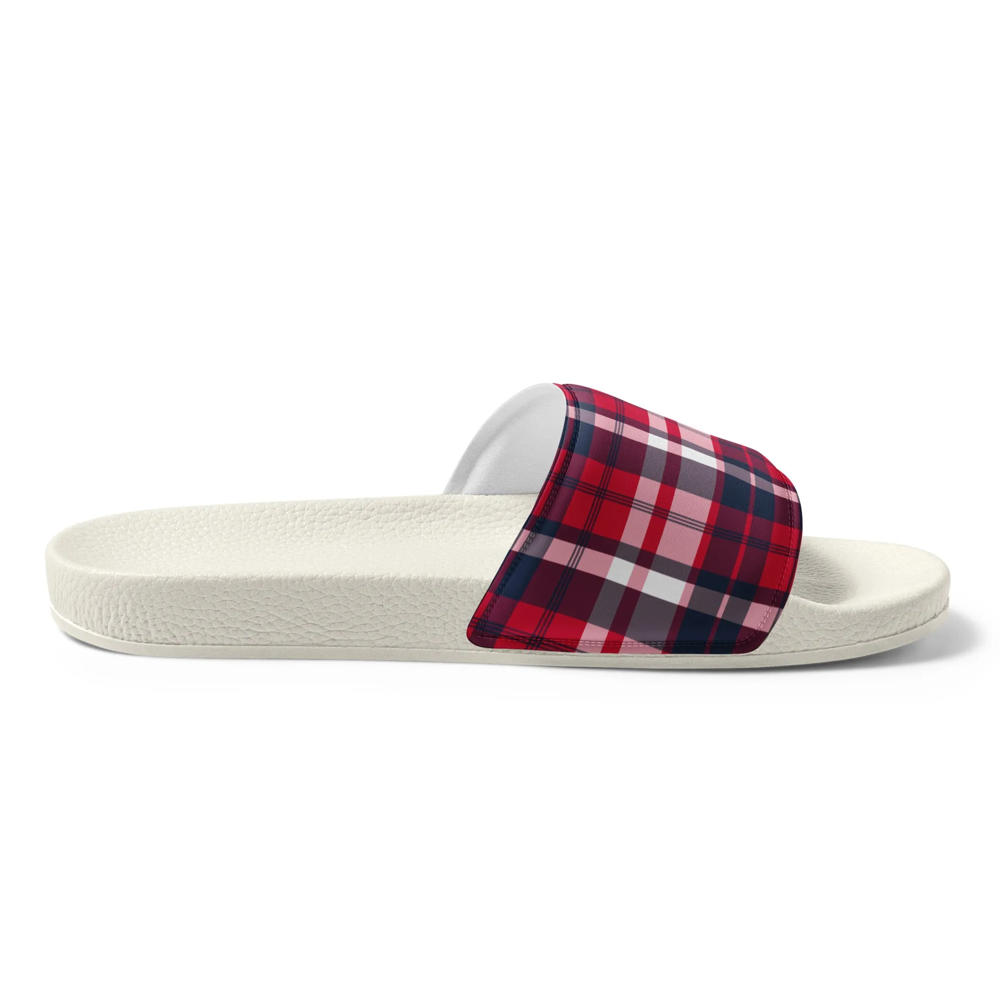 Red, White and Blue Preppy Surfer Plaid Men’s Slides Sandals