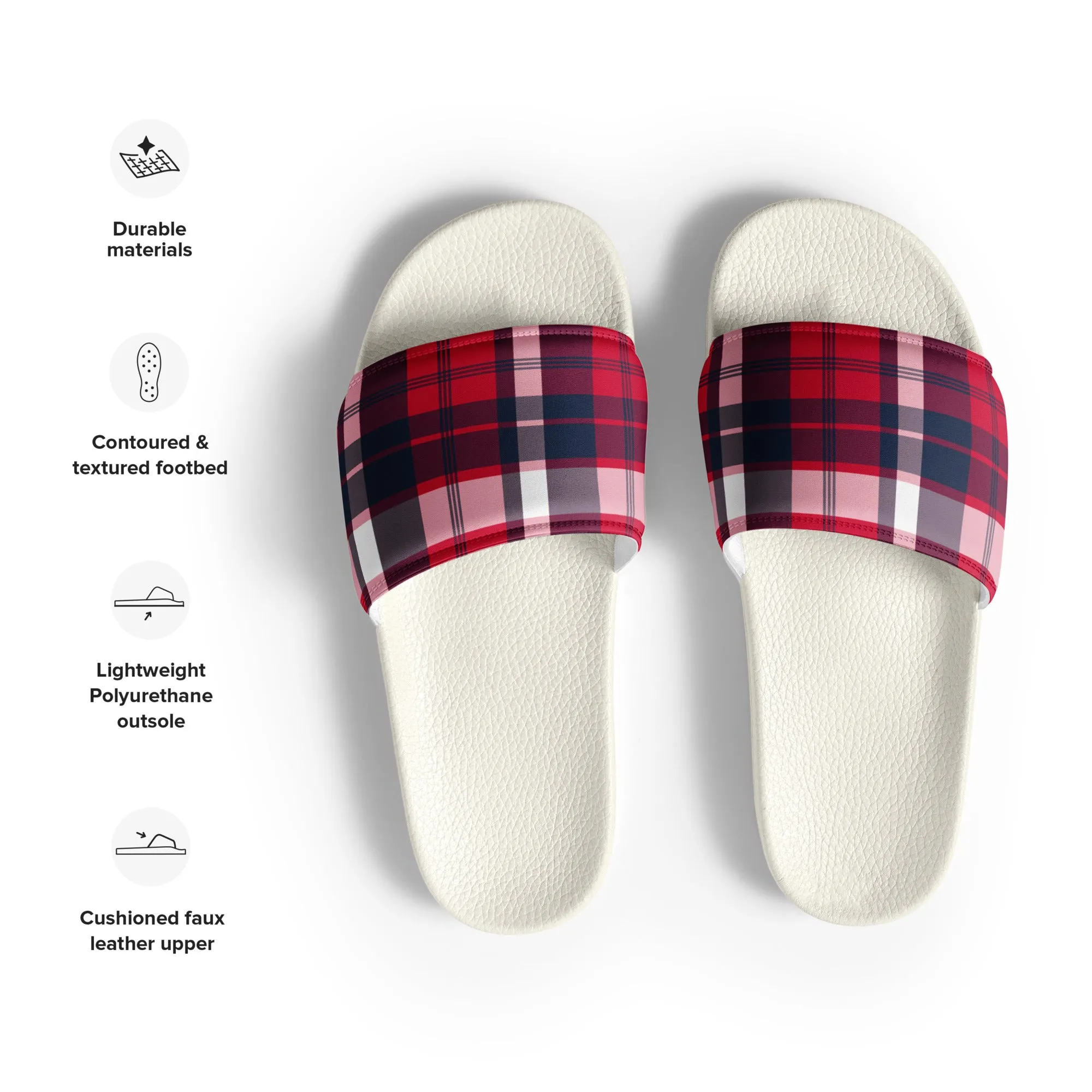 Red, White and Navy Blue Preppy Surfer Plaid Women’s Slide Sandals