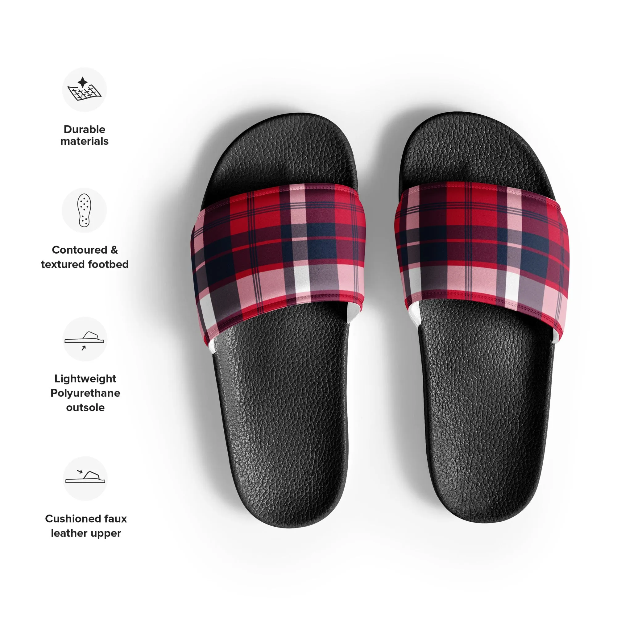 Red, White and Navy Blue Preppy Surfer Plaid Women’s Slide Sandals