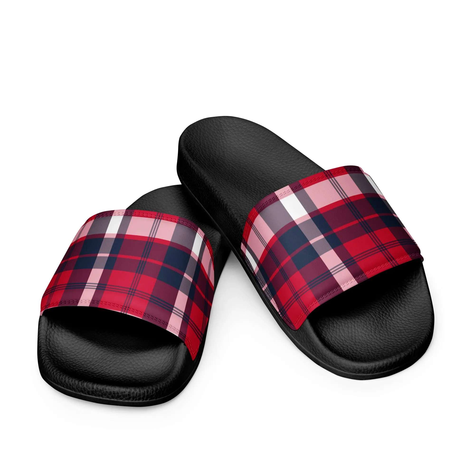 Red, White and Navy Blue Preppy Surfer Plaid Women’s Slide Sandals