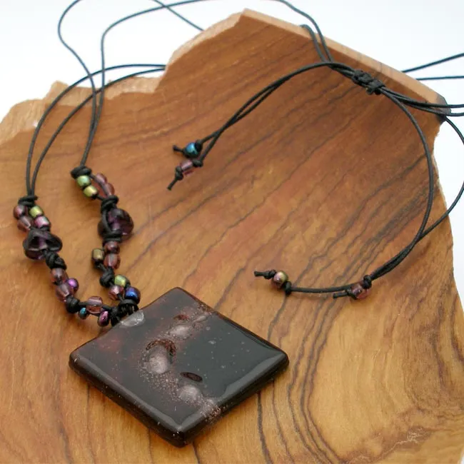 Ripe Plum Translucent Square Fused Glass Pendant Necklace Tili Glass