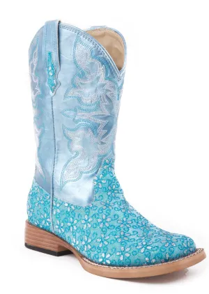 Roper Kids Girls Square Toe Green Floral Glitter Faux Leather Shaft Cowboy Boots