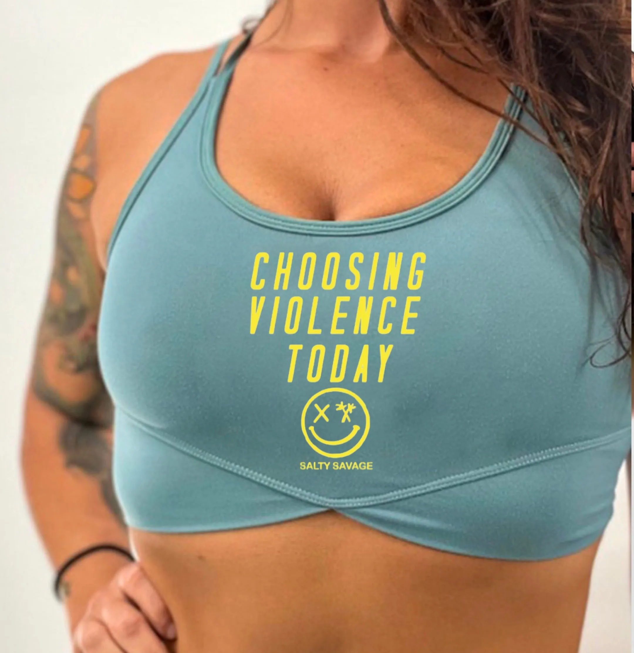 Salty Savage Ladies "Choosing Violence Today” V Cut Sports Bra | Yellow