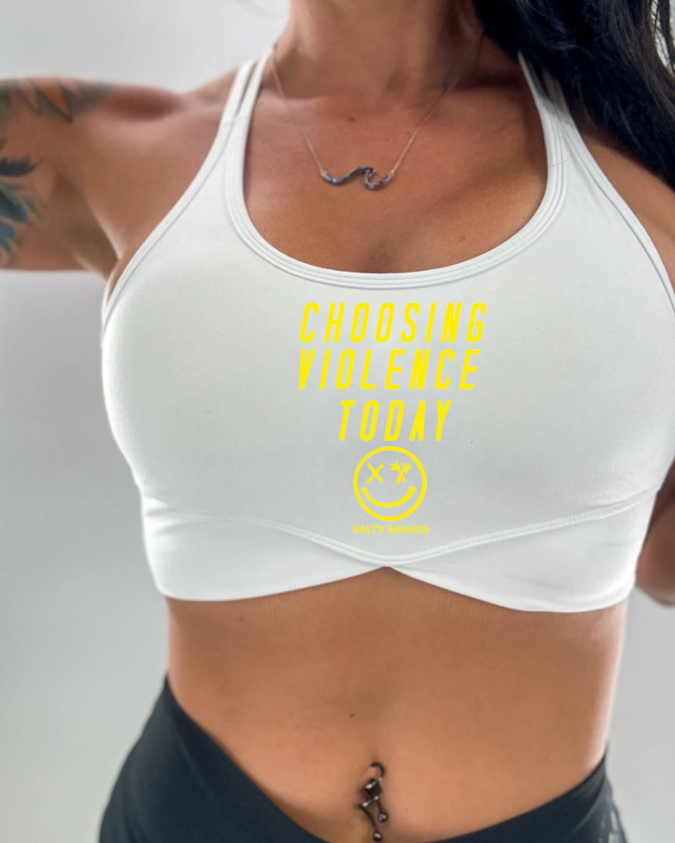 Salty Savage Ladies "Choosing Violence Today” V Cut Sports Bra | Yellow