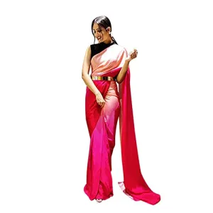 Shiv Textiles Women's Plain Polyester Readymade Saree With Golden Belt Or Unstitched Blouse Piece (St-R-1-Pink_Pink)