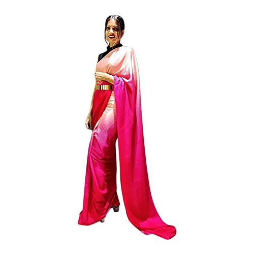 Shiv Textiles Women's Plain Polyester Readymade Saree With Golden Belt Or Unstitched Blouse Piece (St-R-1-Pink_Pink)