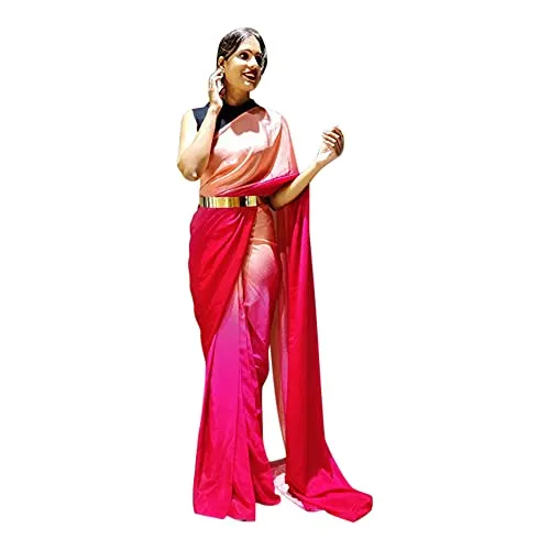 Shiv Textiles Women's Plain Polyester Readymade Saree With Golden Belt Or Unstitched Blouse Piece (St-R-1-Pink_Pink)