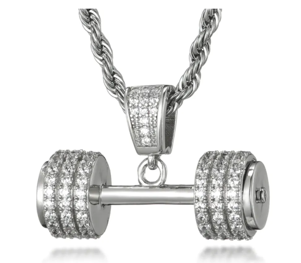 Simulated Diamond Dumbbell Bodybuilding Gym Necklace Exercise Workout Mr. Olympia Chain 24in.