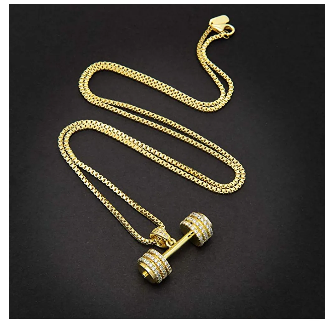 Simulated Diamond Dumbbell Bodybuilding Gym Necklace Exercise Workout Mr. Olympia Chain 24in.