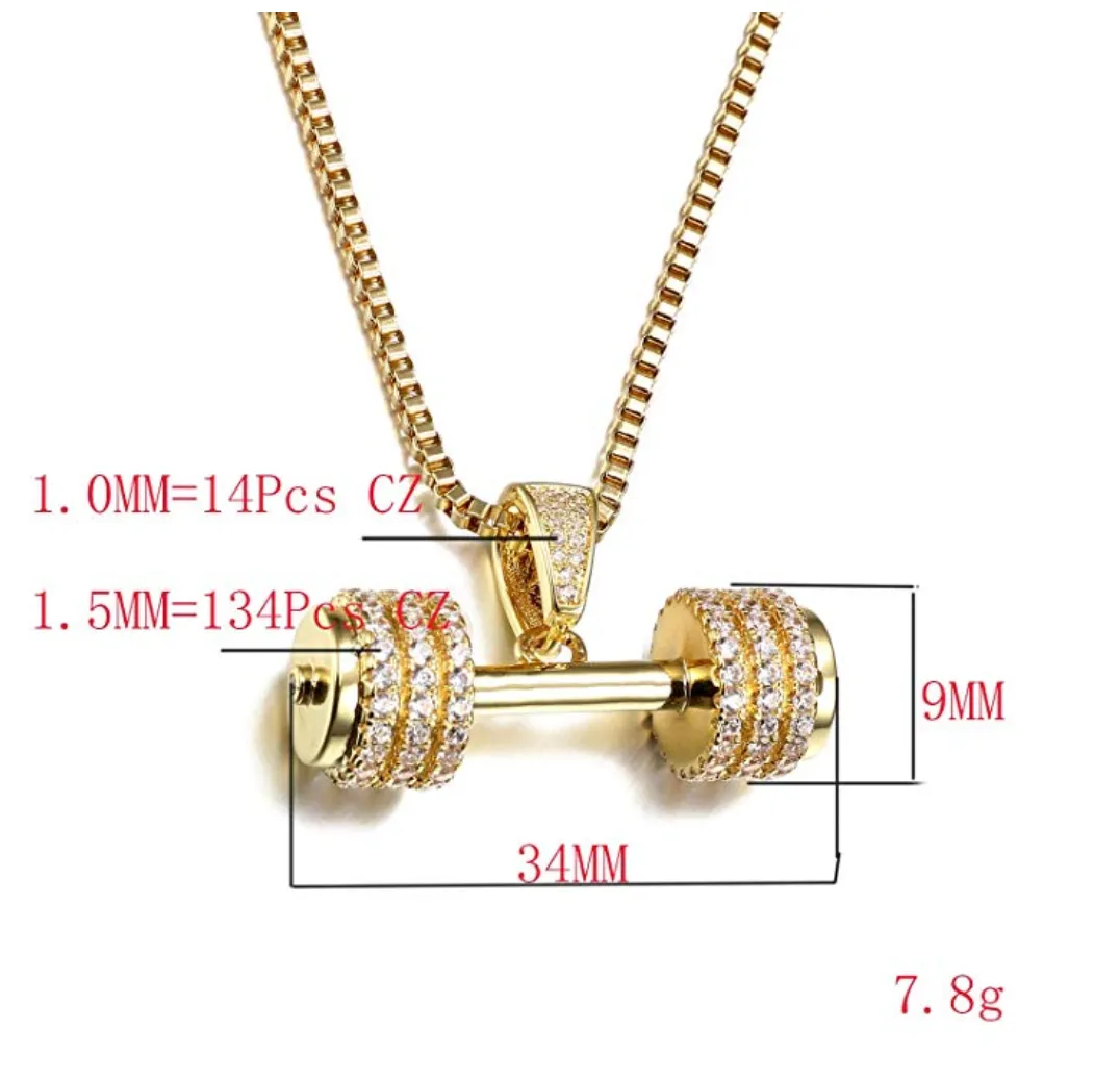 Simulated Diamond Dumbbell Bodybuilding Gym Necklace Exercise Workout Mr. Olympia Chain 24in.