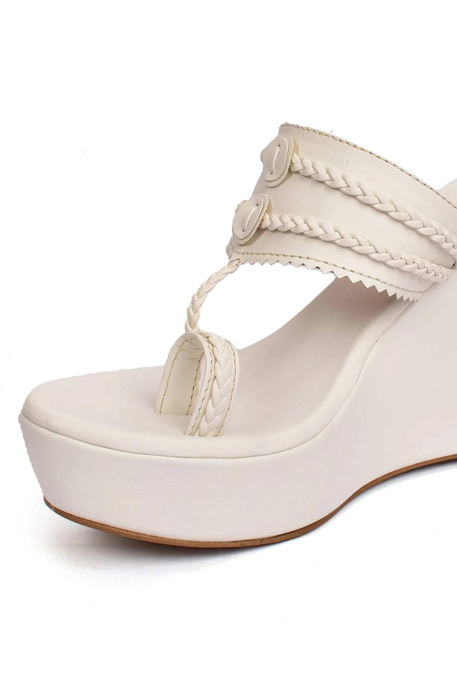 Snow White Vegan Leather Kolhapuri Wedges