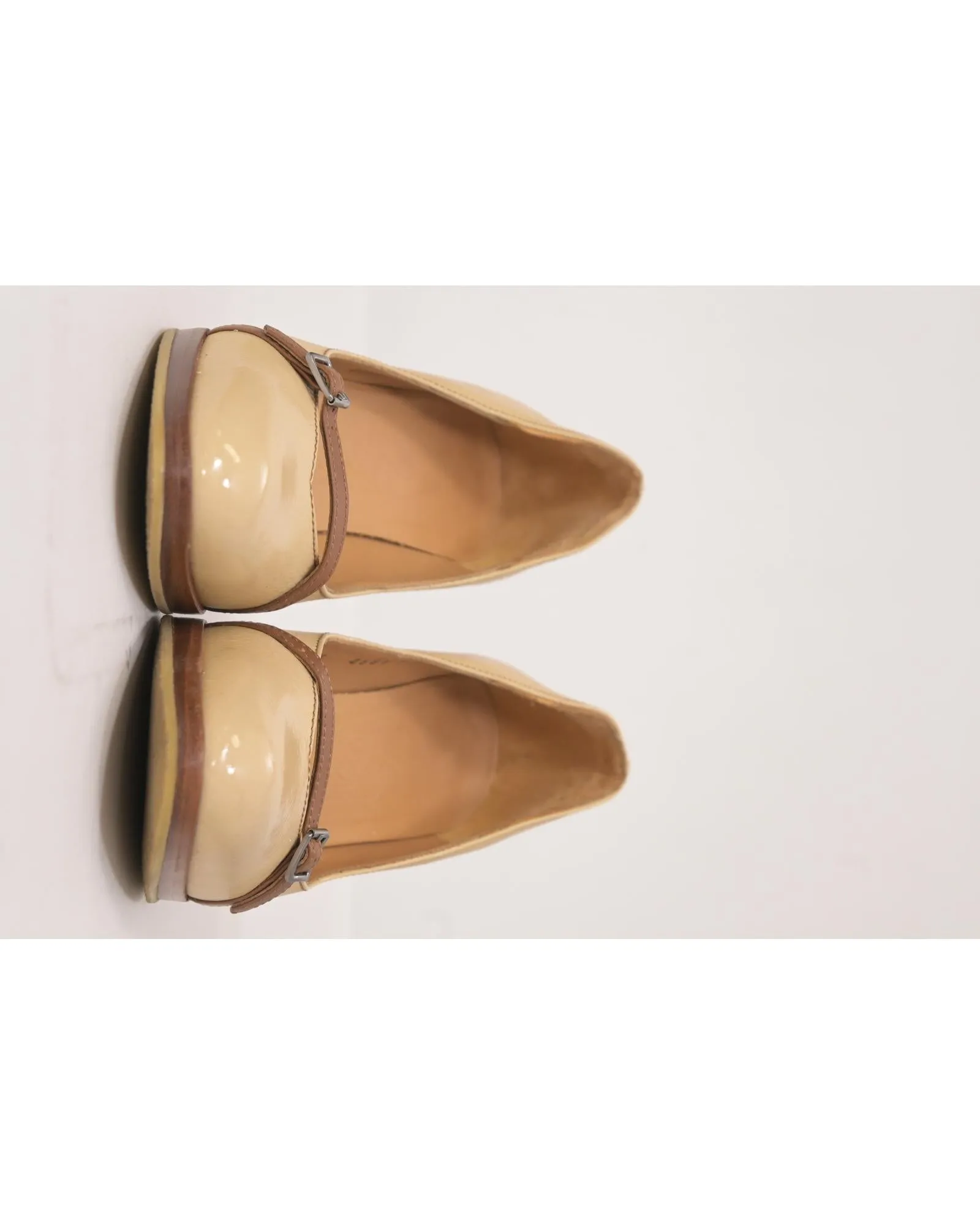 Sophisticated Camel Patent Leather Buckled-Strap Pumps with Chunky Heel