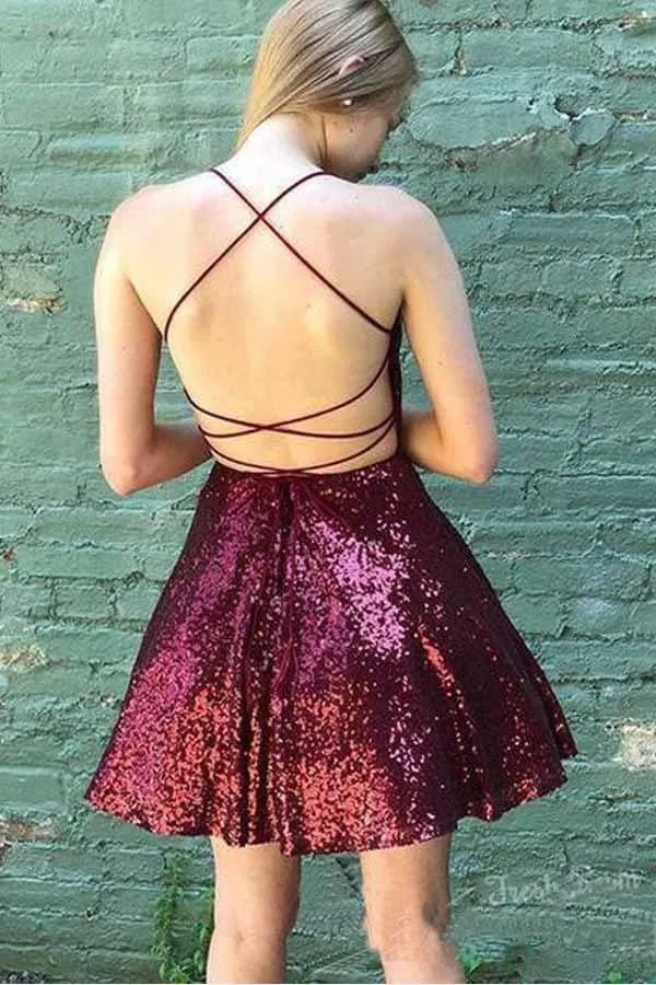 Sparkly Burgundy Homecoming Dresses Backless A-line Mini Party Dress  PD383