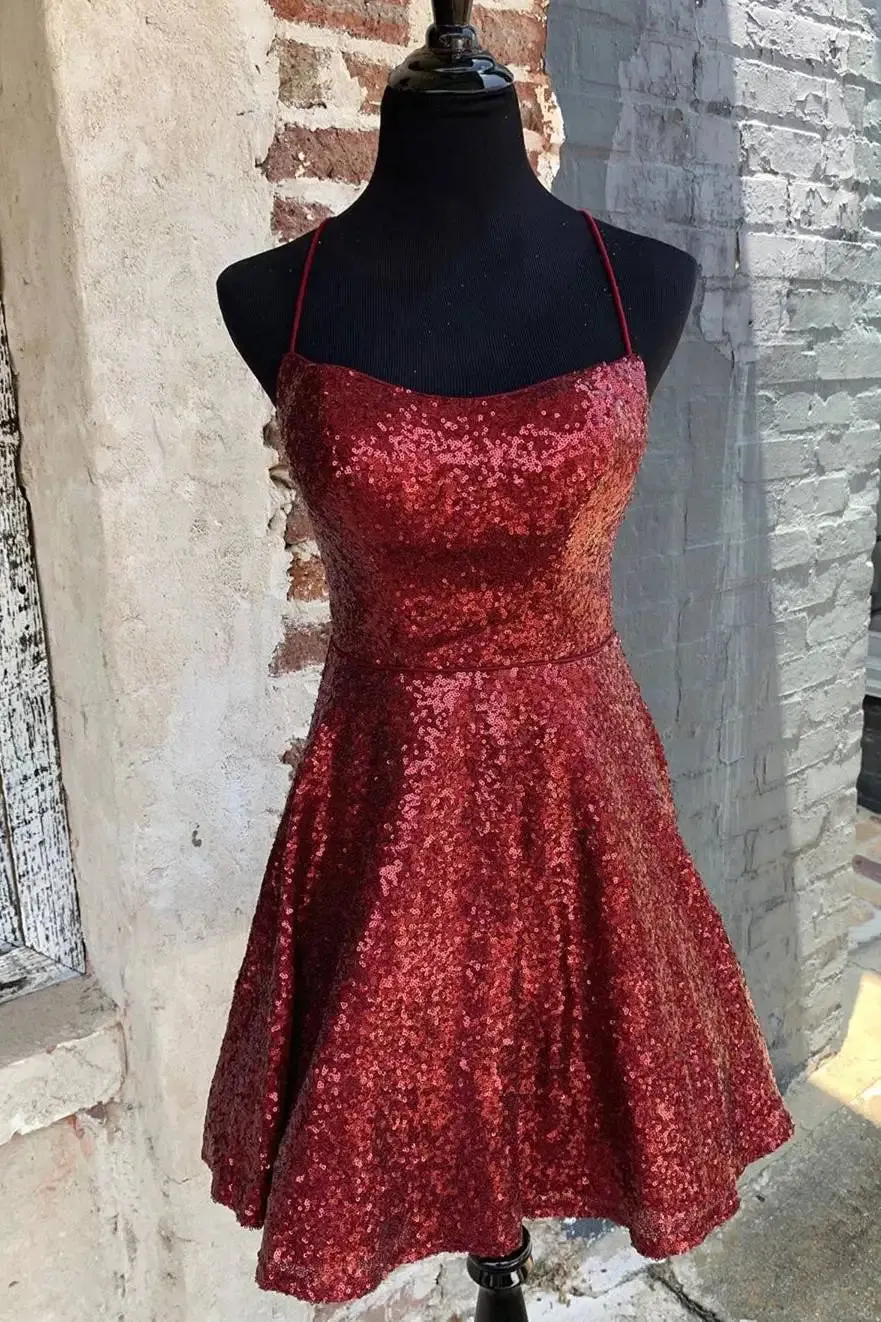 Sparkly Burgundy Homecoming Dresses Backless A-line Mini Party Dress  PD383