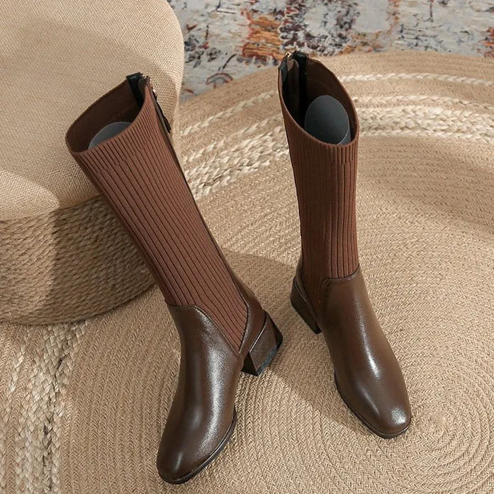 Square Toe chunky heeled long sock boots