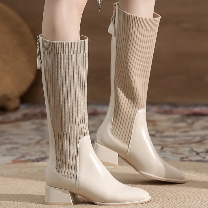 Square Toe chunky heeled long sock boots