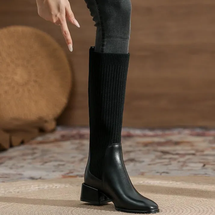 Square Toe chunky heeled long sock boots