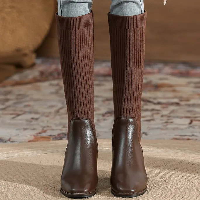 Square Toe chunky heeled long sock boots