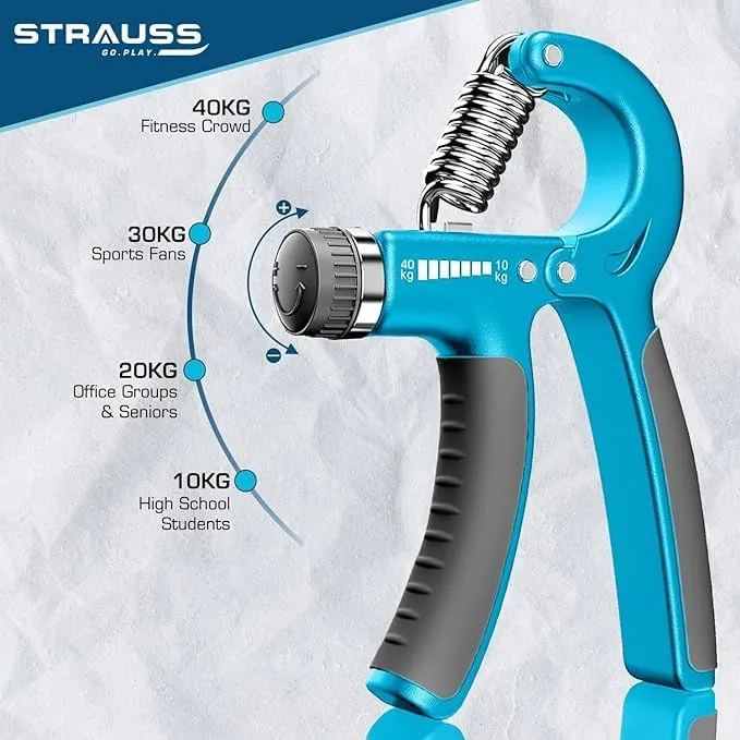 Strauss Adjustable Hand Grip| Adjustable Resistance (10KG - 40KG) | Hand Gripper for Home & Gym Workouts | Perfect for Finger & Forearm Hand Exercises & Strength Building (Black/Blue) Pack of 4