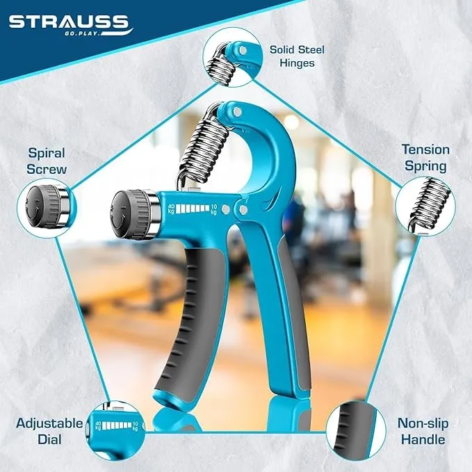 Strauss Adjustable Hand Grip| Adjustable Resistance (10KG - 40KG) | Hand Gripper for Home & Gym Workouts | Perfect for Finger & Forearm Hand Exercises & Strength Building (Black/Blue) Pack of 5