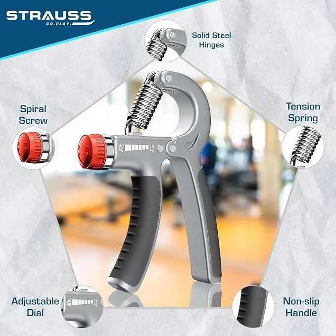 Strauss Adjustable Hand Grip | Adjustable Resistance (10KG - 40KG) | Hand Gripper for Home & Gym Workouts | Perfect for Finger & Forearm Hand Exercises for Men & Women (Black/Grey) | Pack of 24