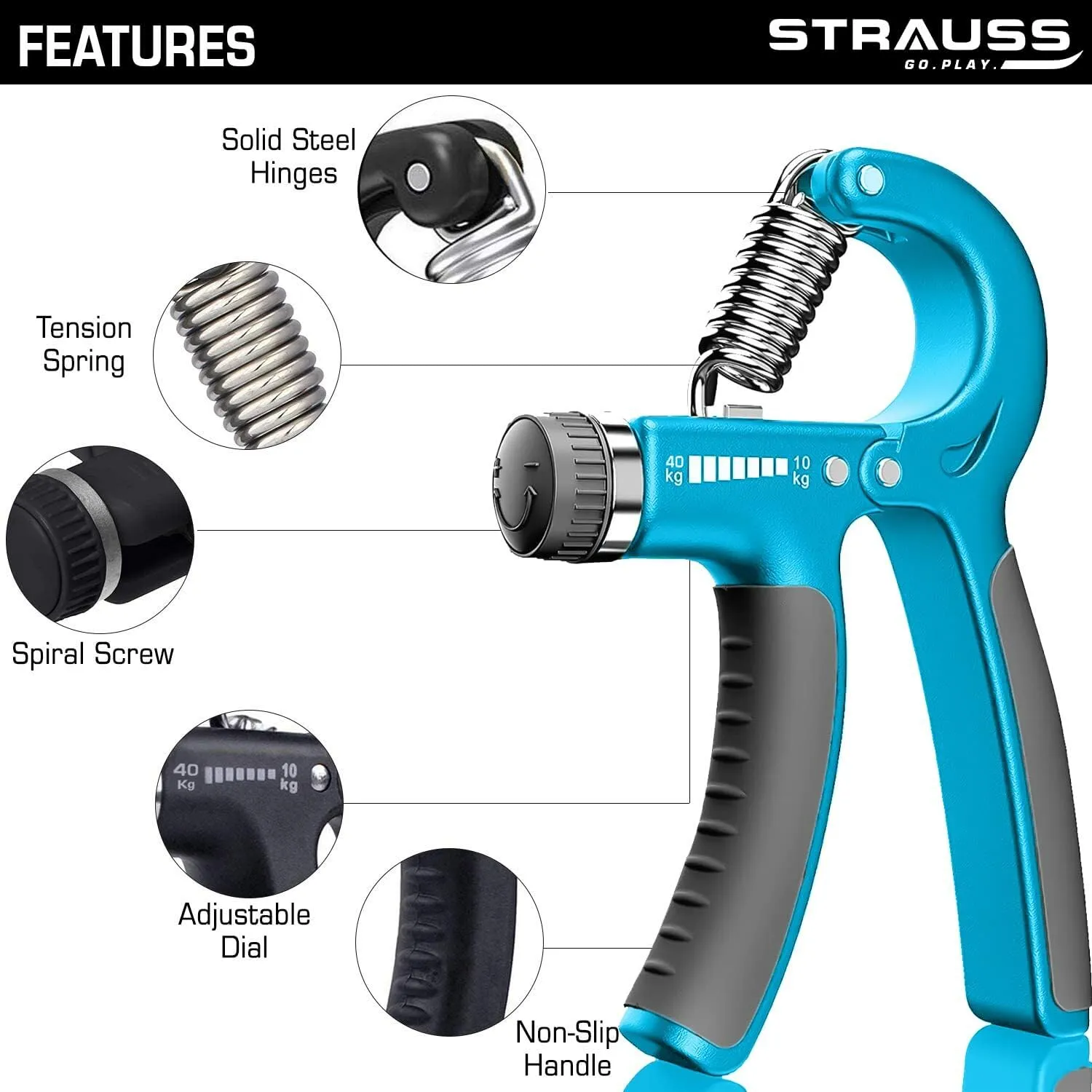 Strauss Adjustable Hand Grip Strengthener Black & Blue (Pack of 2)