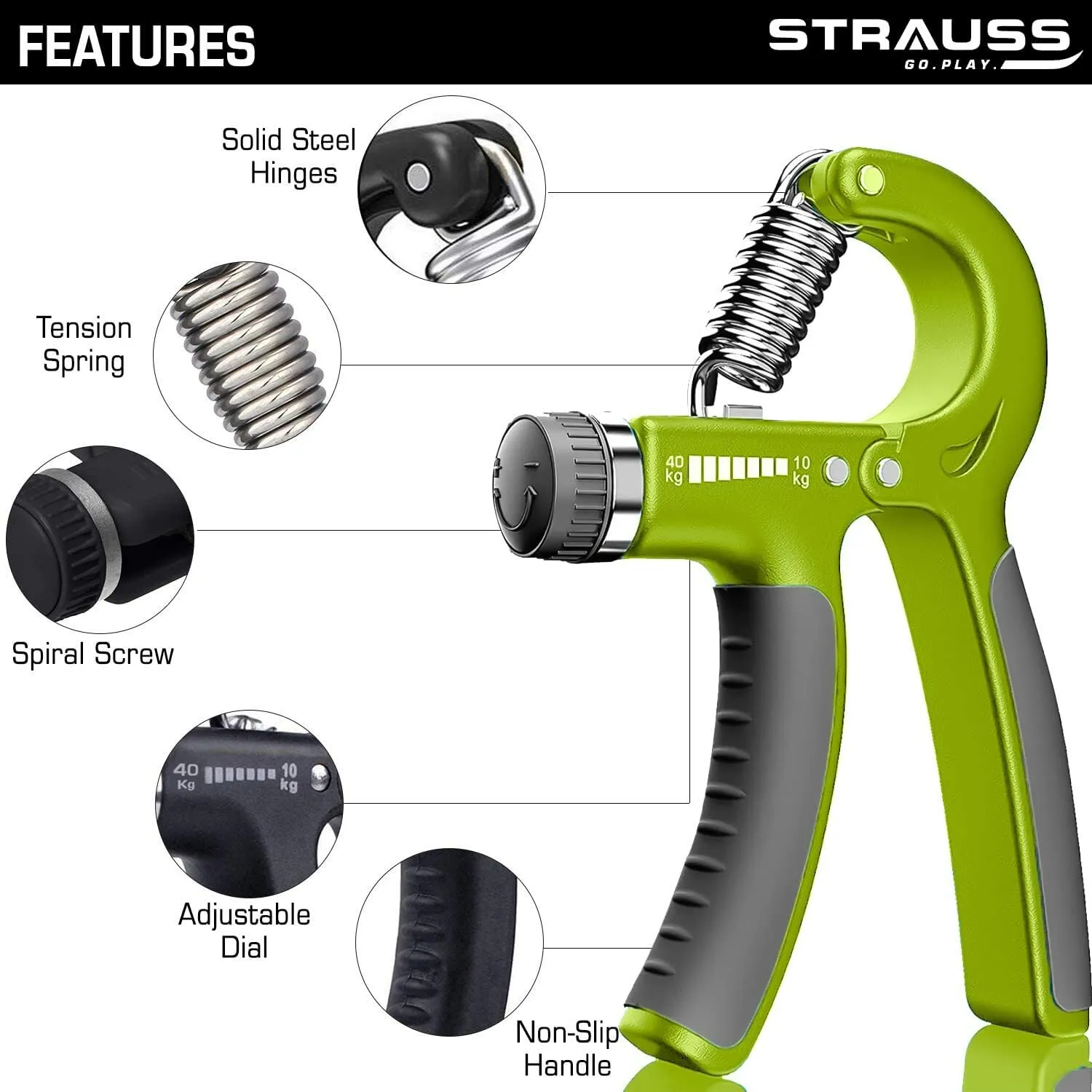 Strauss Adjustable Hand Grip Strengthener Black & Green (Pack of 2)