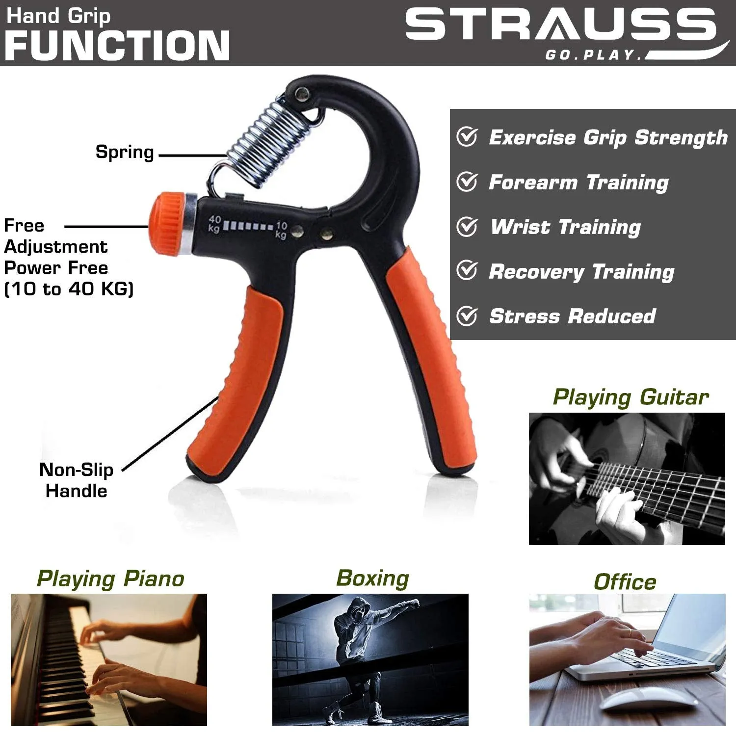 Strauss Adjustable Hand Grip Strengthener, (Black/Orange) With Double Exercise Wheel And Skipping Rope