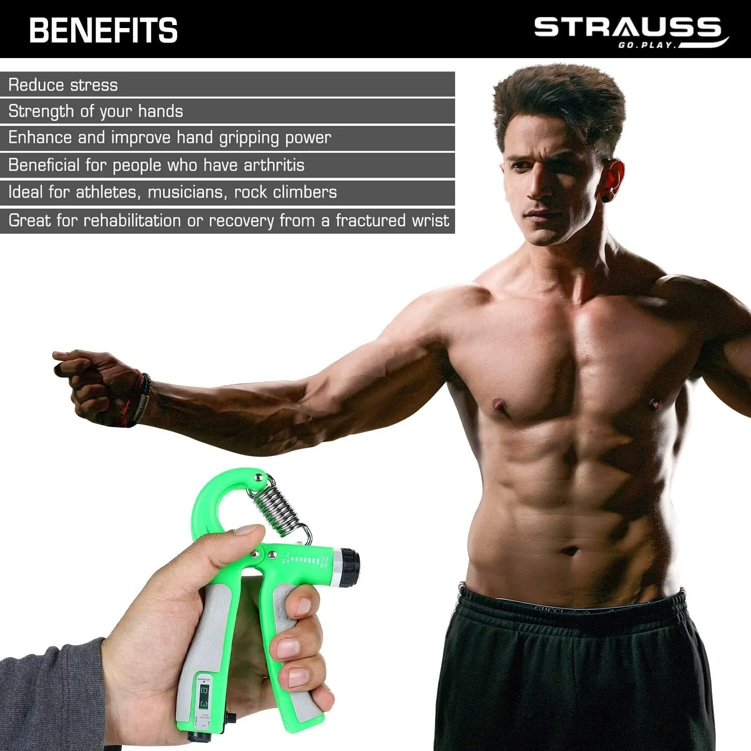 Strauss Adjustable Hand Grip Strengthener with Counter Meter - Green (Pack of 2)