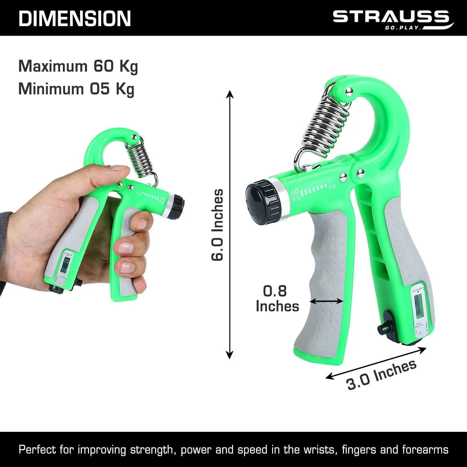 Strauss Adjustable Hand Grip Strengthener with Counter Meter - Green (Pack of 2)